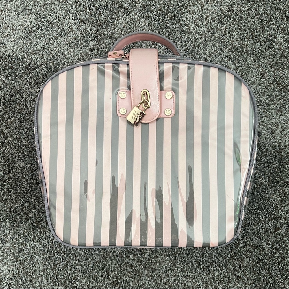 Vintage Victoria’s Secret Pink Grey Striped Makeup Travel Carrying Case